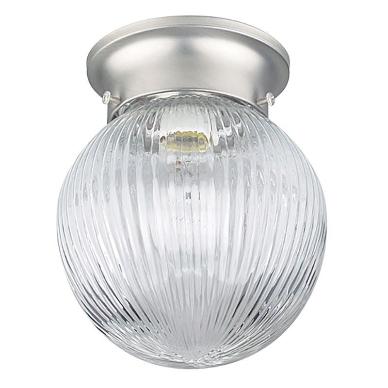 6" Flush Mount 1 Bulb Ball Ceiling Fixture with Clear Ribbed Glass - Satin Nickel