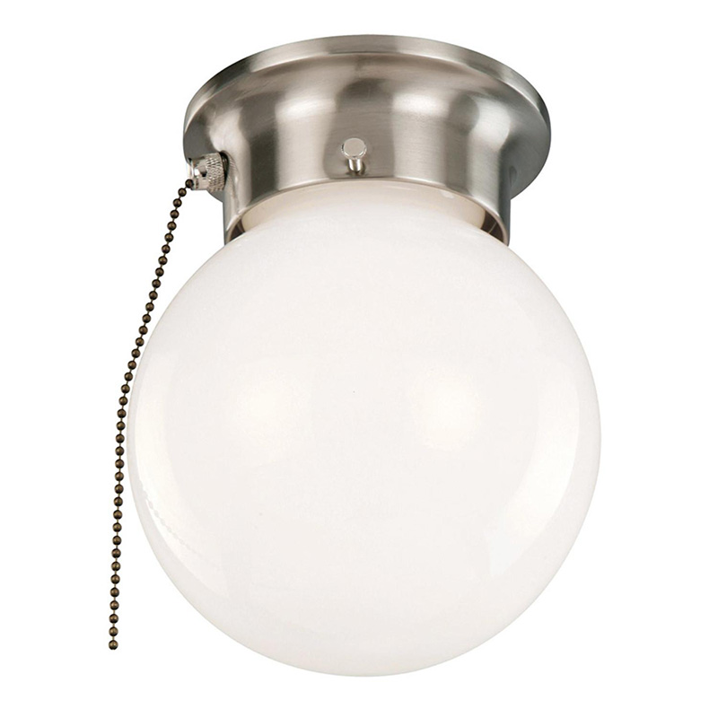 6" Flush Mount 1 Bulb Ball Ceiling Fixture with White Glass - Satin Nickel