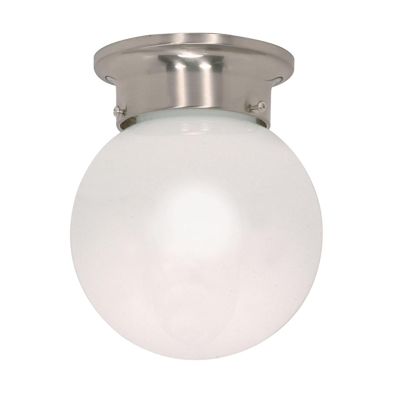 6" Flush Mount 1 Bulb Ball Ceiling Fixture with White Glass - Satin Nickel
